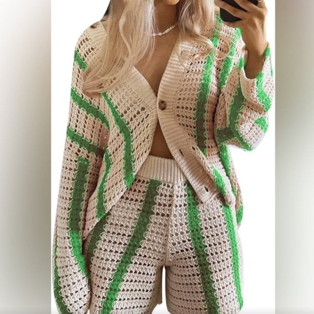 Green and Cream Crochet Women Shorts